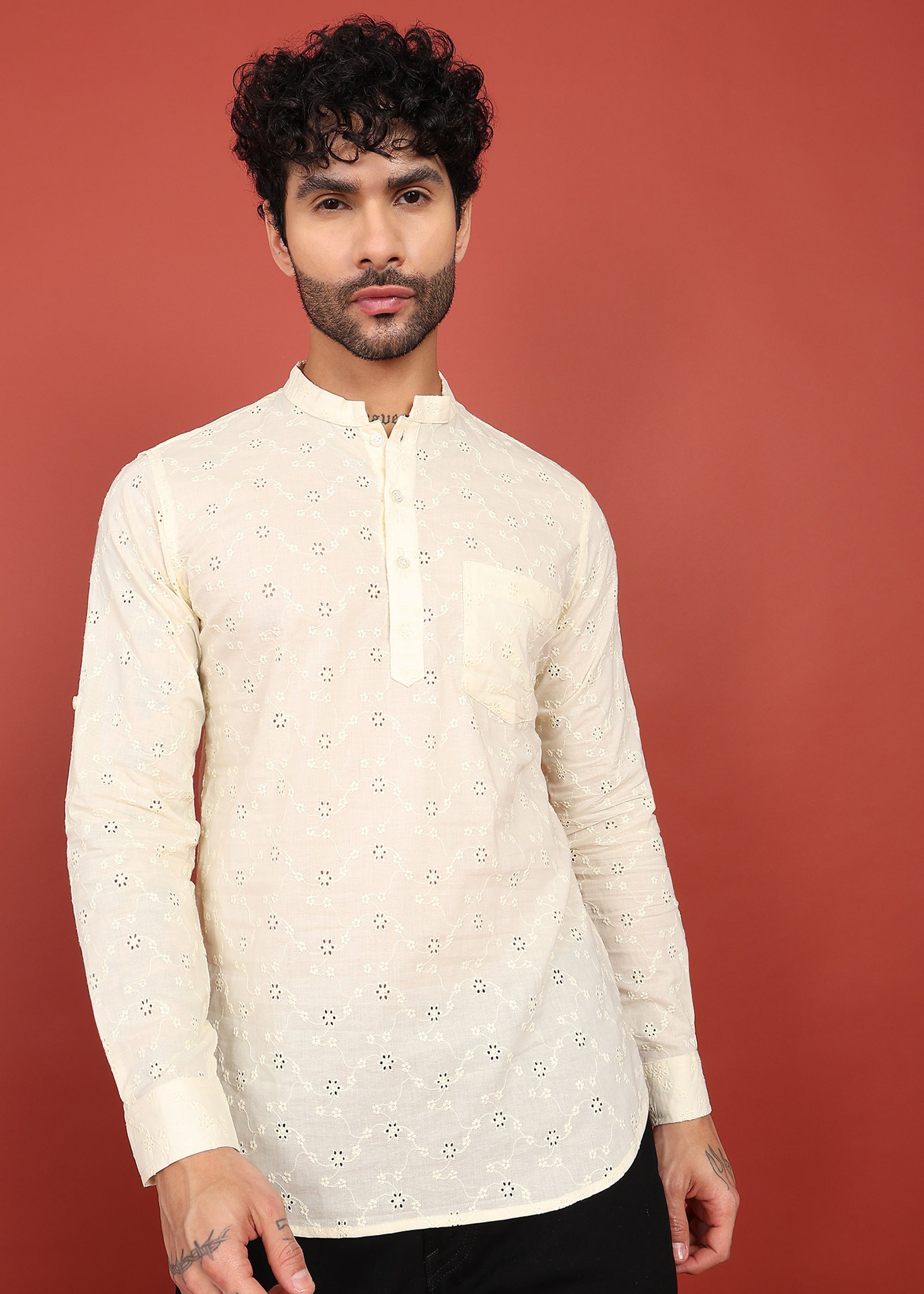 Fabmade Ivory Bloom Embroidered Short Kurta