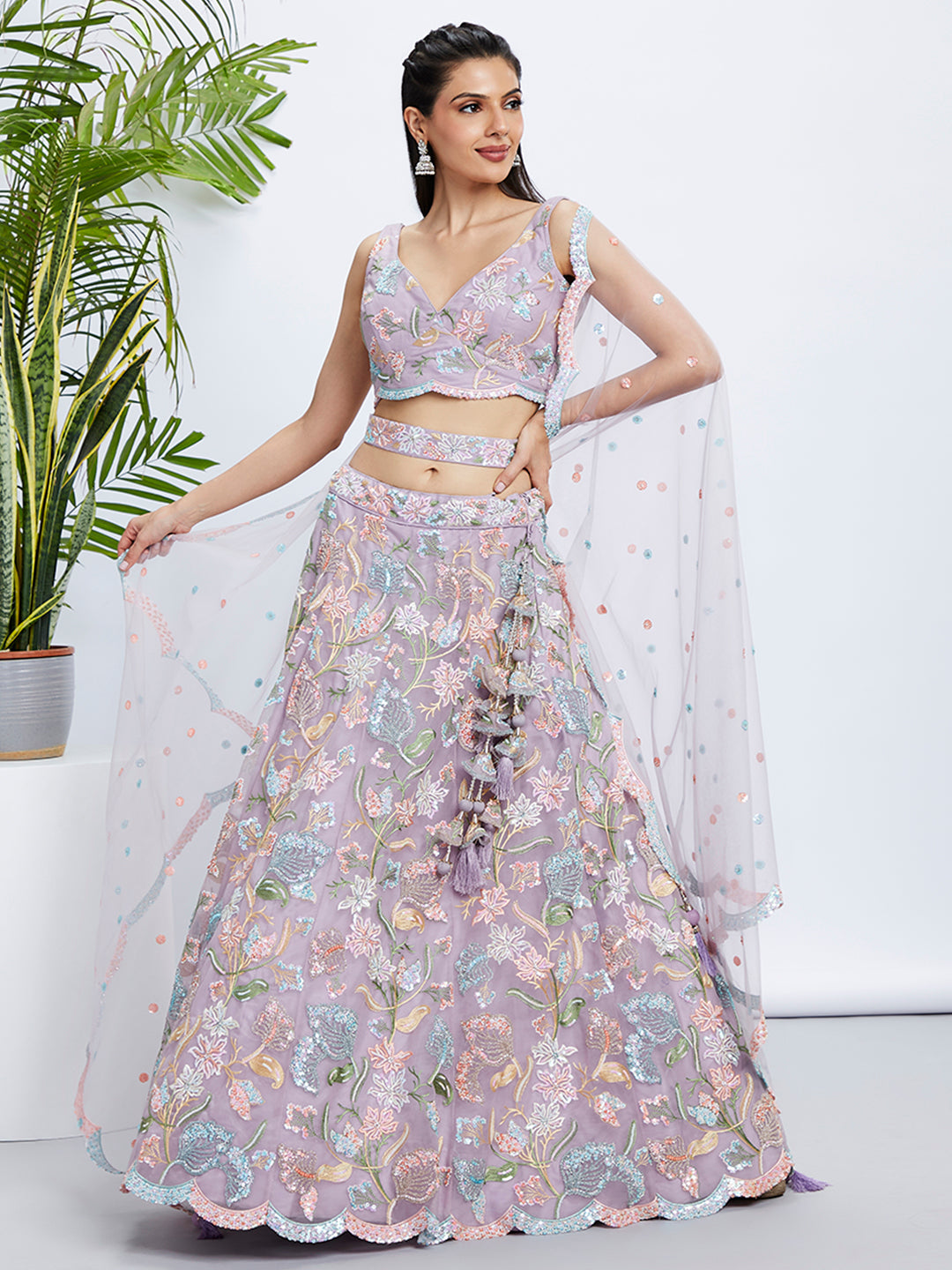 House of Panchhi Pink Chiffon Sequins And Thread Embroidery Lehenga Choli & Printed Dupatta