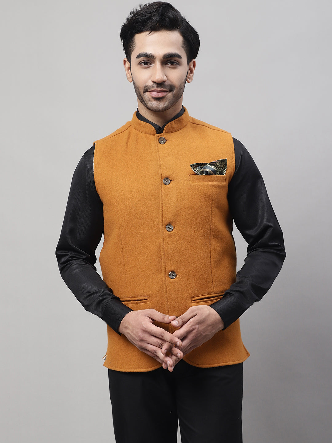 Even Apparels Men's Orange Pure Wool Nehru Jacket