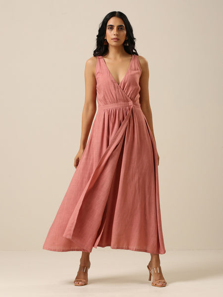 trueBrowns Light Mauve Slub Texture Sleeveless Wrap Dress