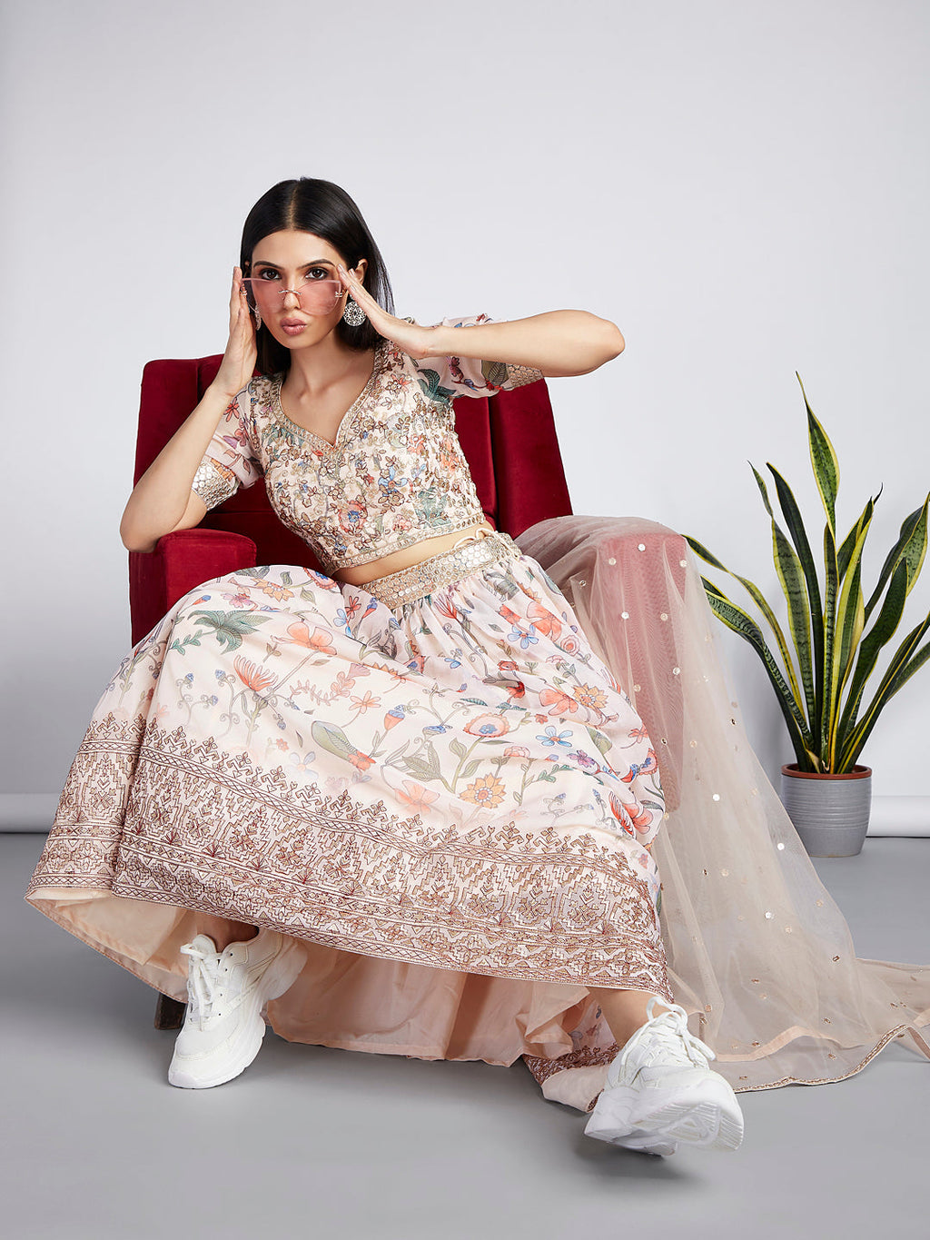 House of Panchhi Cream Colour Organza Floral Design Digital Print Lehenga Choli & Dupatta