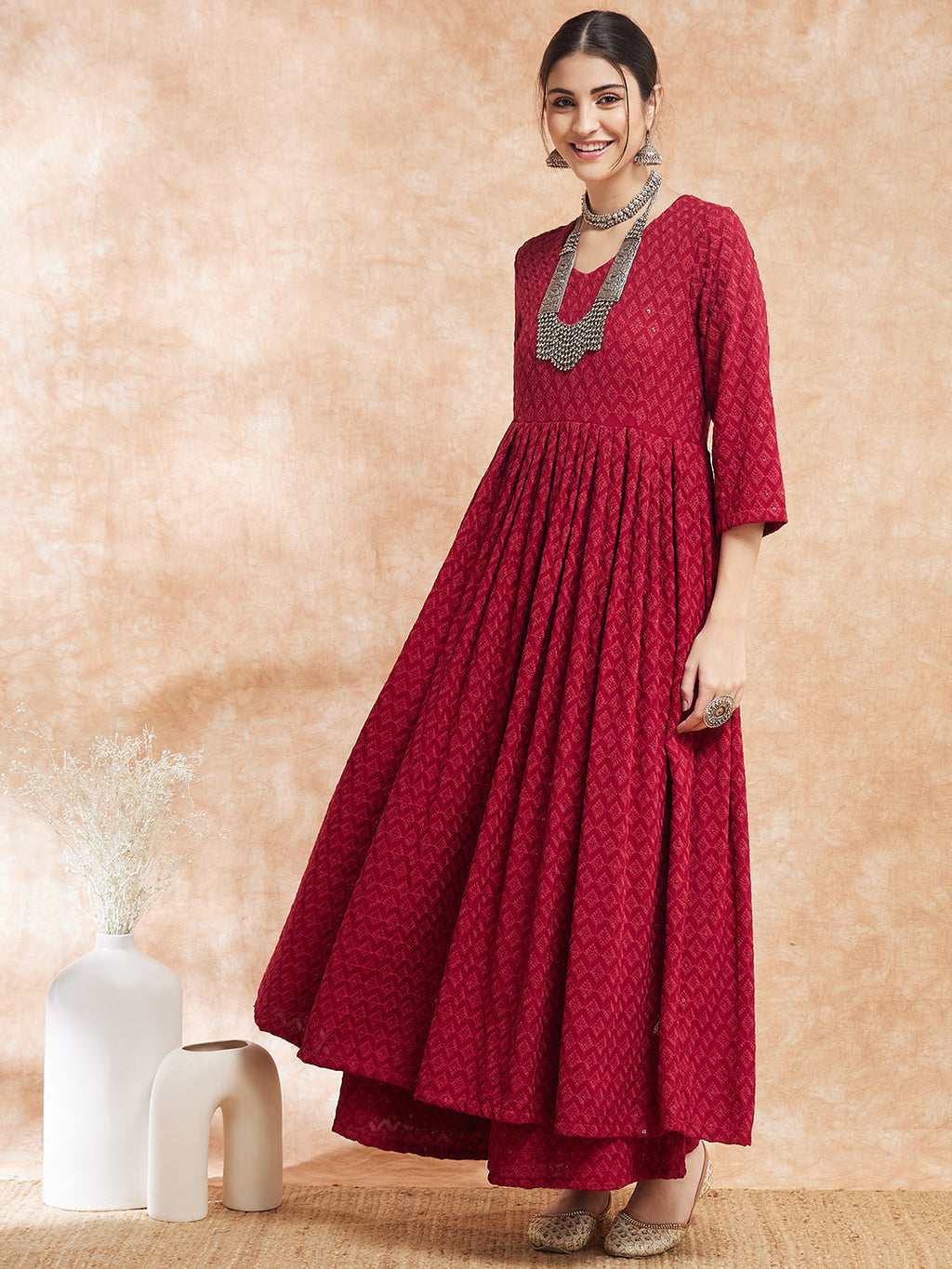 InWeave Women's Maroon Chikankari Long Anarkali Kurta Sharara Set