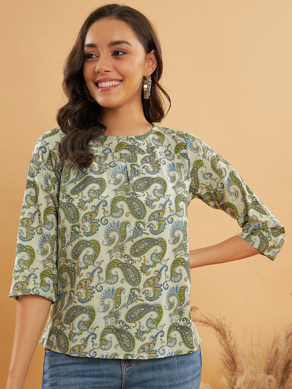InWeave Women's Sage Green Paisley Print Top