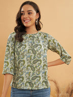 InWeave Women's Sage Green Paisley Print Top