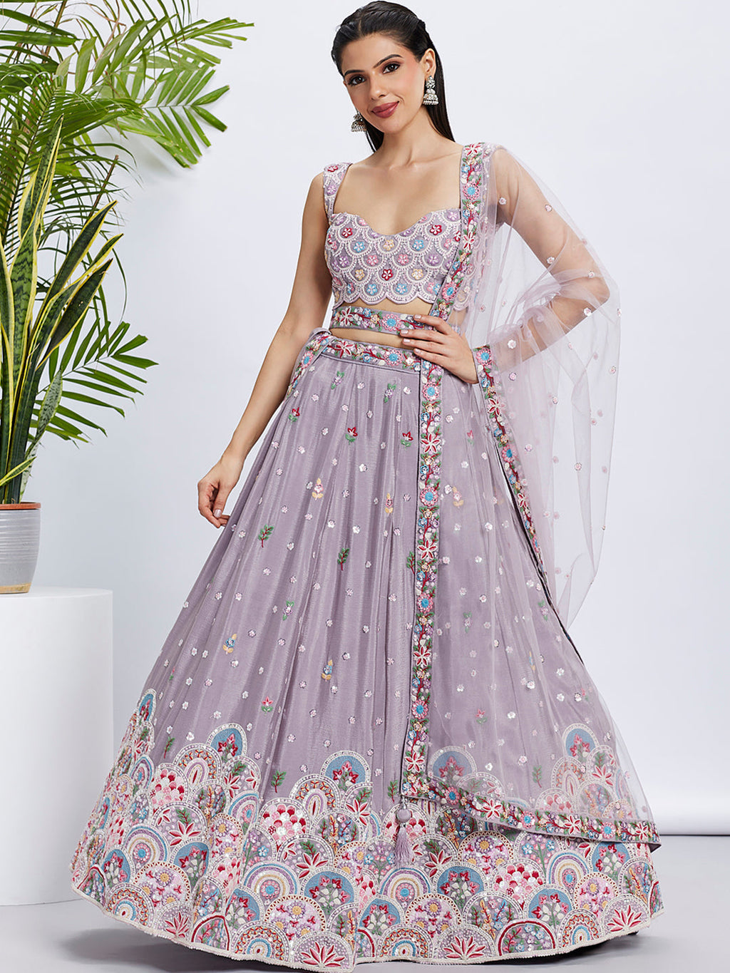 House of Panchhi Burgundy Pure Georgette Sequins And Thread Embroidery Lehenga Choli & Dupatta