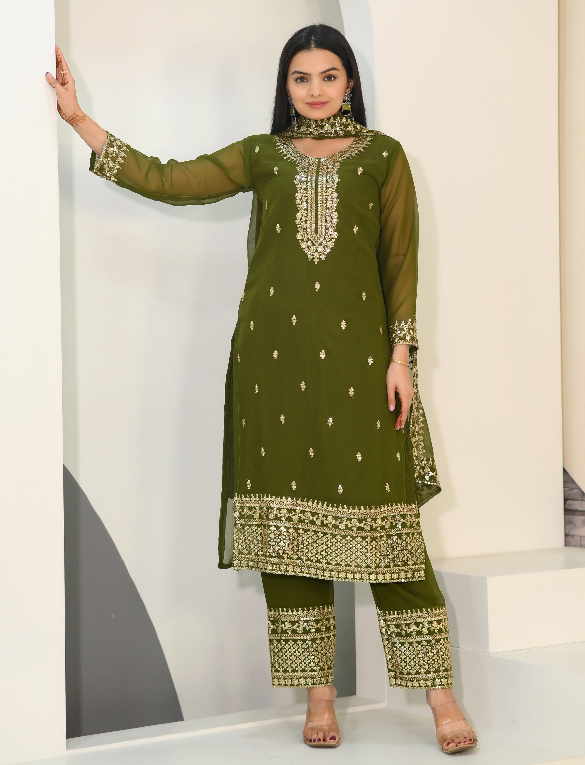 Teeya Creation Mehndi Color Faux Georgette Silk Heavy Embroidery Work Fully Stitched Salwar Suit