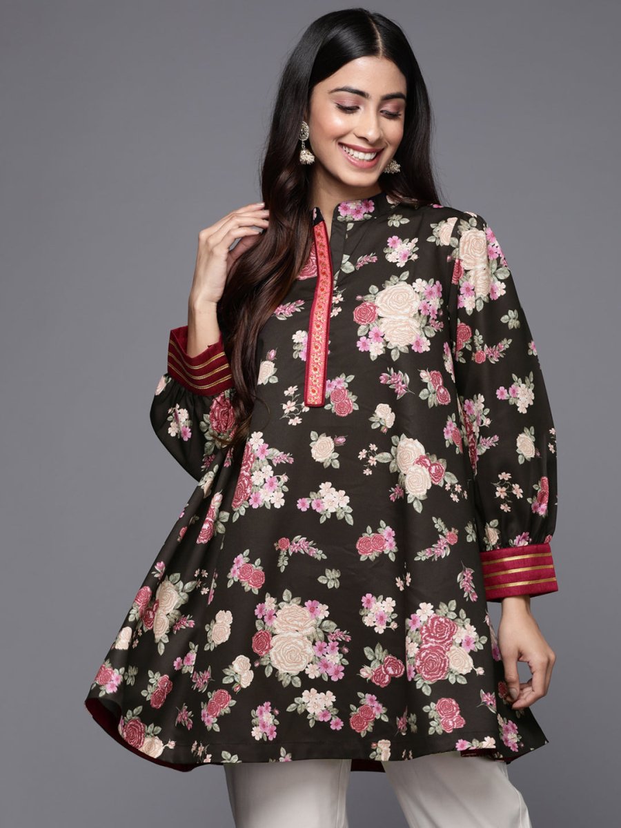 Ahalyaa Mandarin Collar Floral Print Crepe Tunic