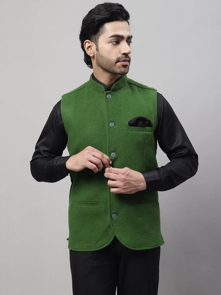 Even Apparels Men's Green Pure Wool Nehru Jacket