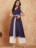 InWeave Royal Blue Lurex V-Neck W/S Front Slit Kurta Pant Set - Distacart