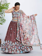 House of Panchhi Rose Gold Pure Georgette Sequins And Thread Embroidery Lehenga Choli & Dupatta