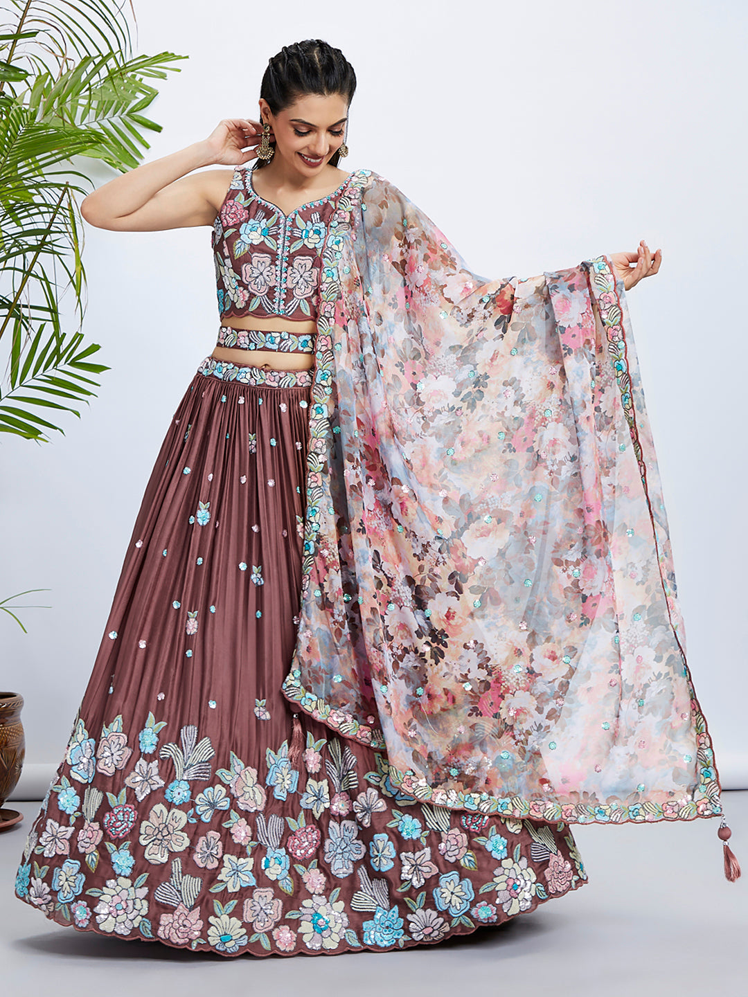House of Panchhi Rose Gold Pure Georgette Sequins And Thread Embroidery Lehenga Choli & Dupatta
