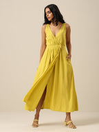 trueBrowns Lime Slub Texture Sleeveless Wrap Dress - Distacart