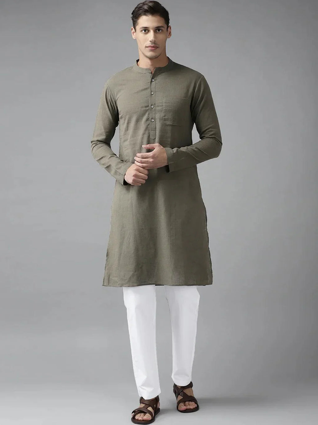 Fabmade Men Khaki Cotton Linen Kurta