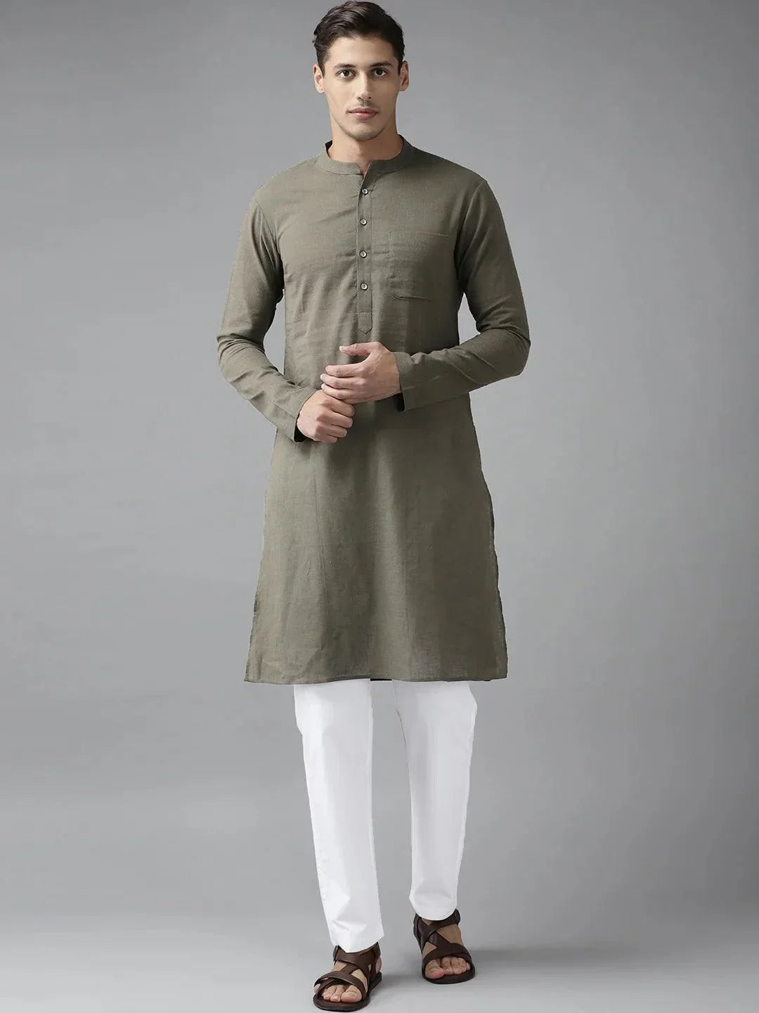 Fabmade Men Khaki Cotton Linen Kurta