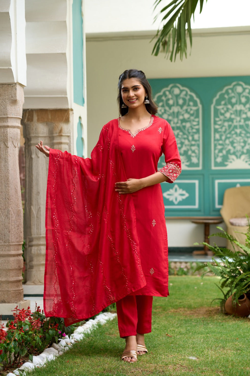 The52 Gajari Red Embroidered Chanderi Fabric Straight Kurta, Pant and Dupatta Set - Distacart