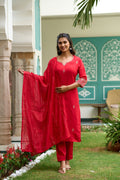 The52 Gajari Red Embroidered Chanderi Fabric Straight Kurta, Pant and Dupatta Set - Distacart