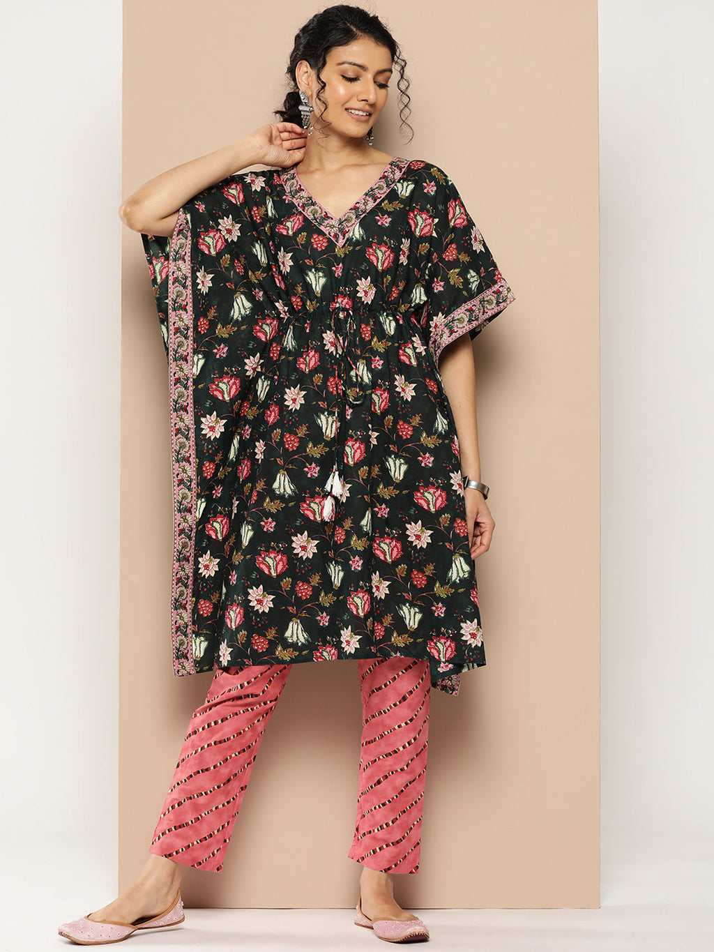 KSUT (House of Varanga) Green And Peach Floral Print Kaftan Trouser Set. - Distacart
