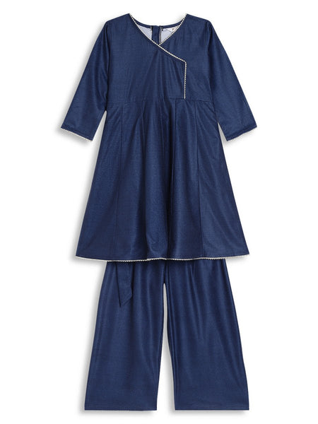 Ahalyaa Girls Navy Blue Velvet Angrakha Gotta Patti Kids Kurta with Palazzos