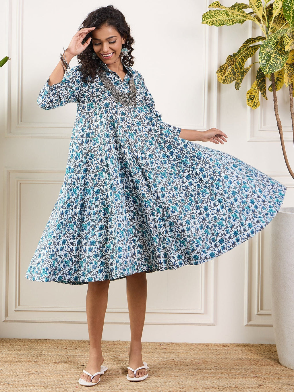 InWeave Aqua Blue Floral Grey Jaal Collar Flared Dress - Distacart