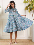 InWeave Aqua Blue Floral Grey Jaal Collar Flared Dress - Distacart