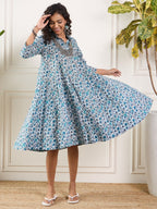 InWeave Aqua Blue Floral Grey Jaal Collar Flared Dress - Distacart