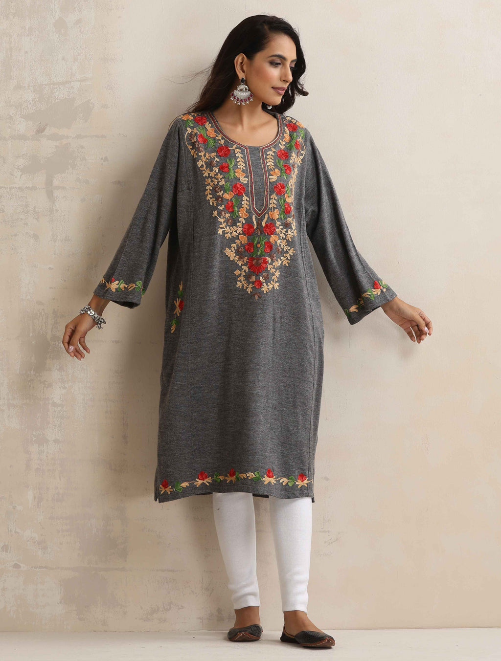 trueBrowns Grey Kashmiri Embroidered Woollen Phiran Kurta - Distacart