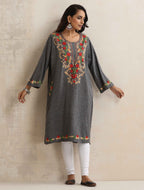 trueBrowns Grey Kashmiri Embroidered Woollen Phiran Kurta - Distacart