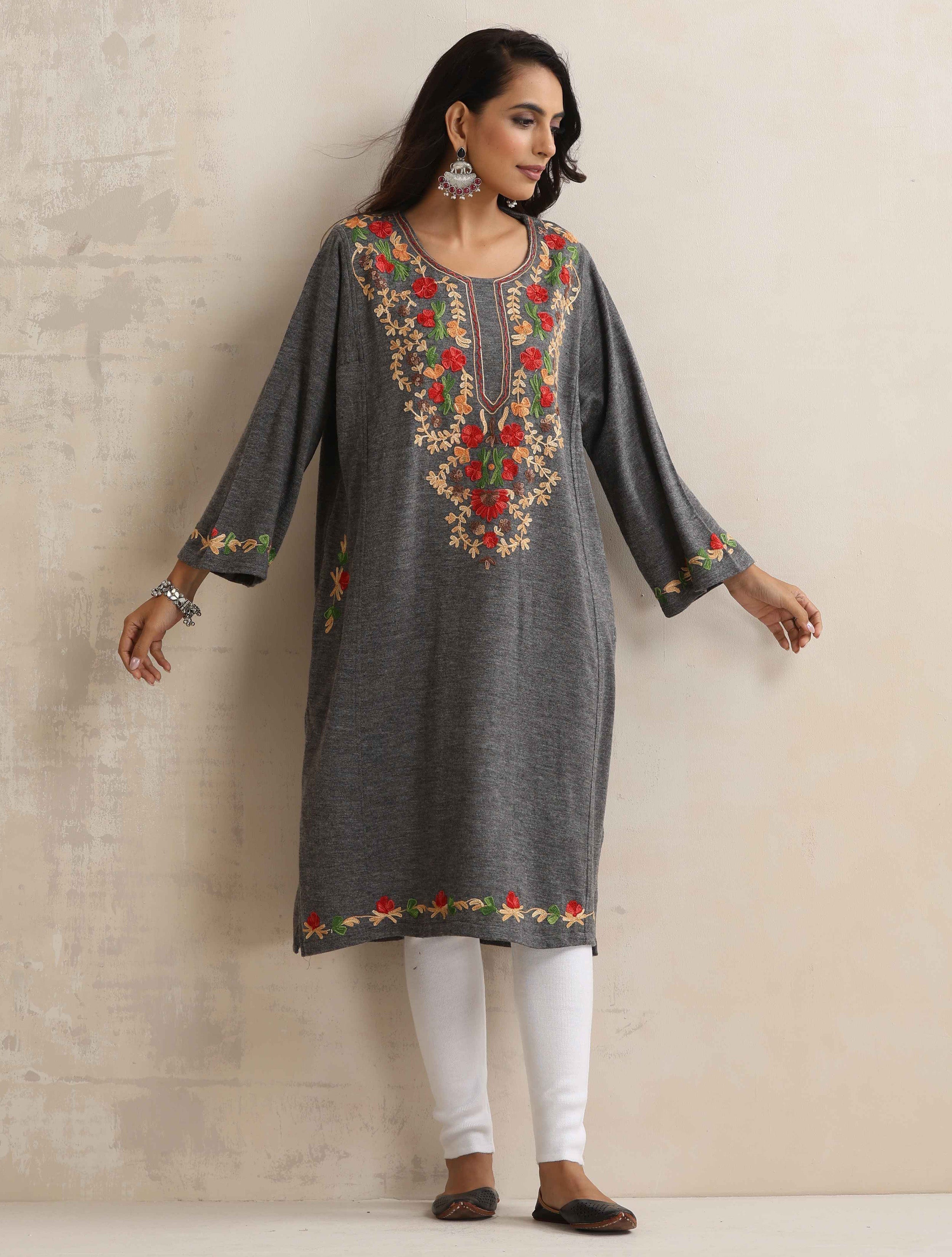 trueBrowns Grey Kashmiri Embroidered Woollen Phiran Kurta - Distacart