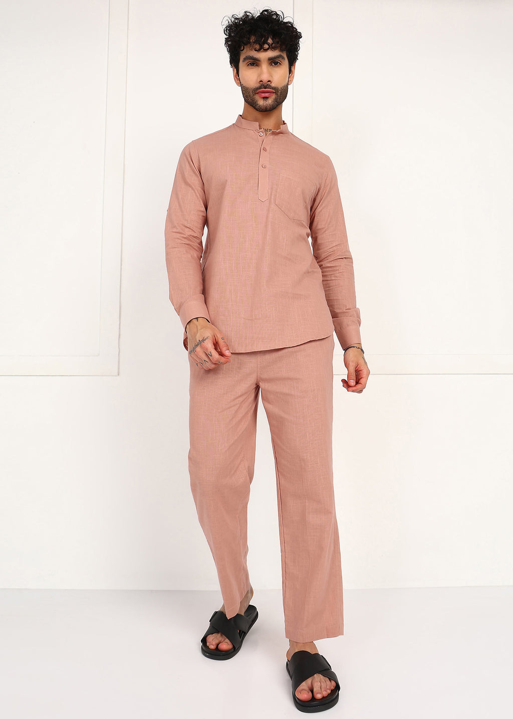Fabmade Men’S Peach Linen Short Kurta Set