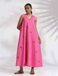 trueBrowns Pink Cotton Embroidered Flared Dress - Distacart