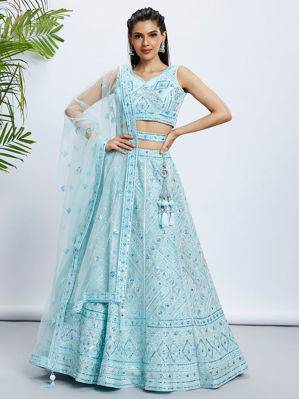 House of Panchhi Burgundy Chiffon Position Print With Sequins Embroidery Lehenga Choli & Dupatta