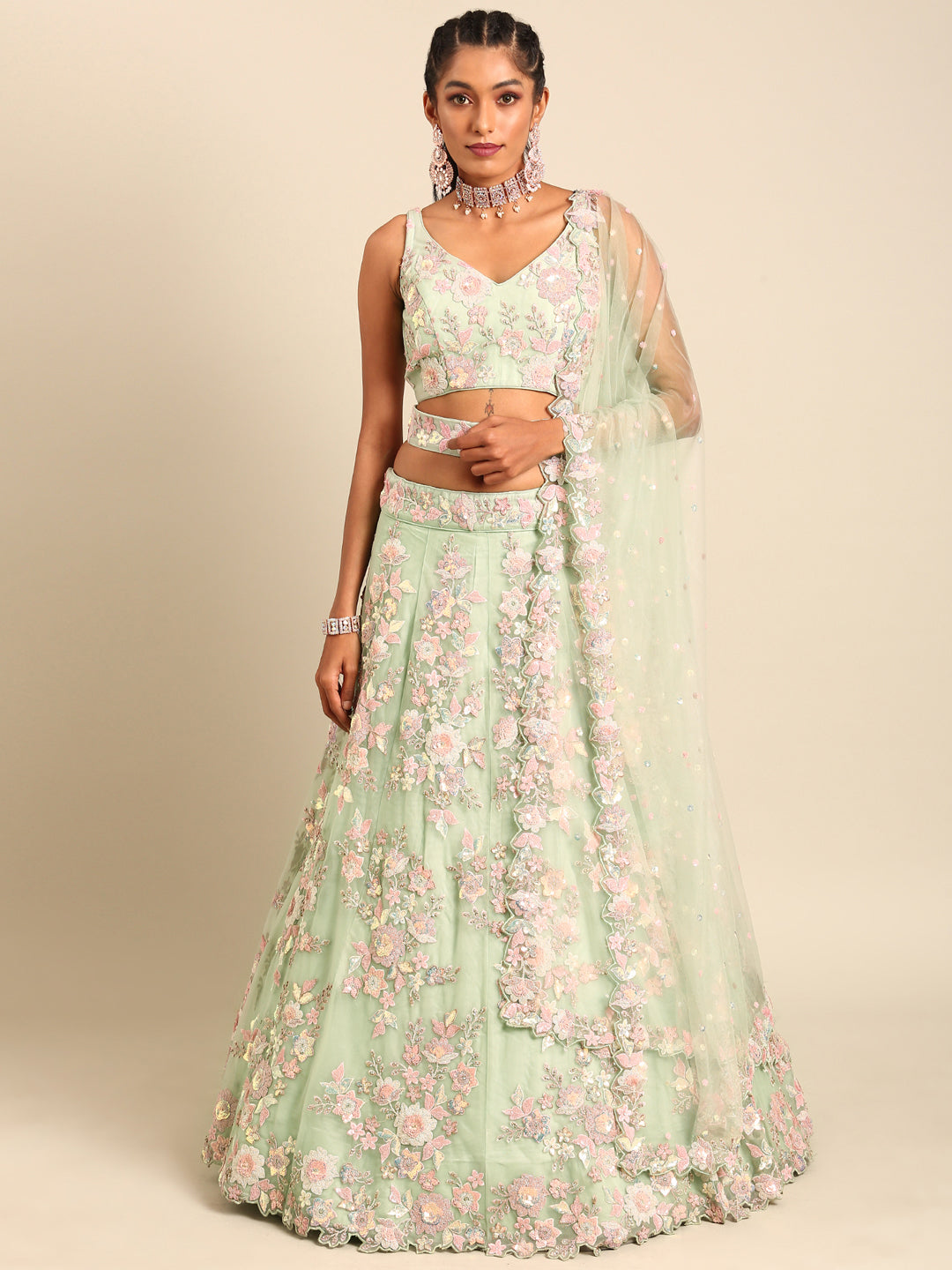 House of Panchhi Lime Green Net Sequins with heavy Zarkan embroidery Lehenga choli & Dupatta