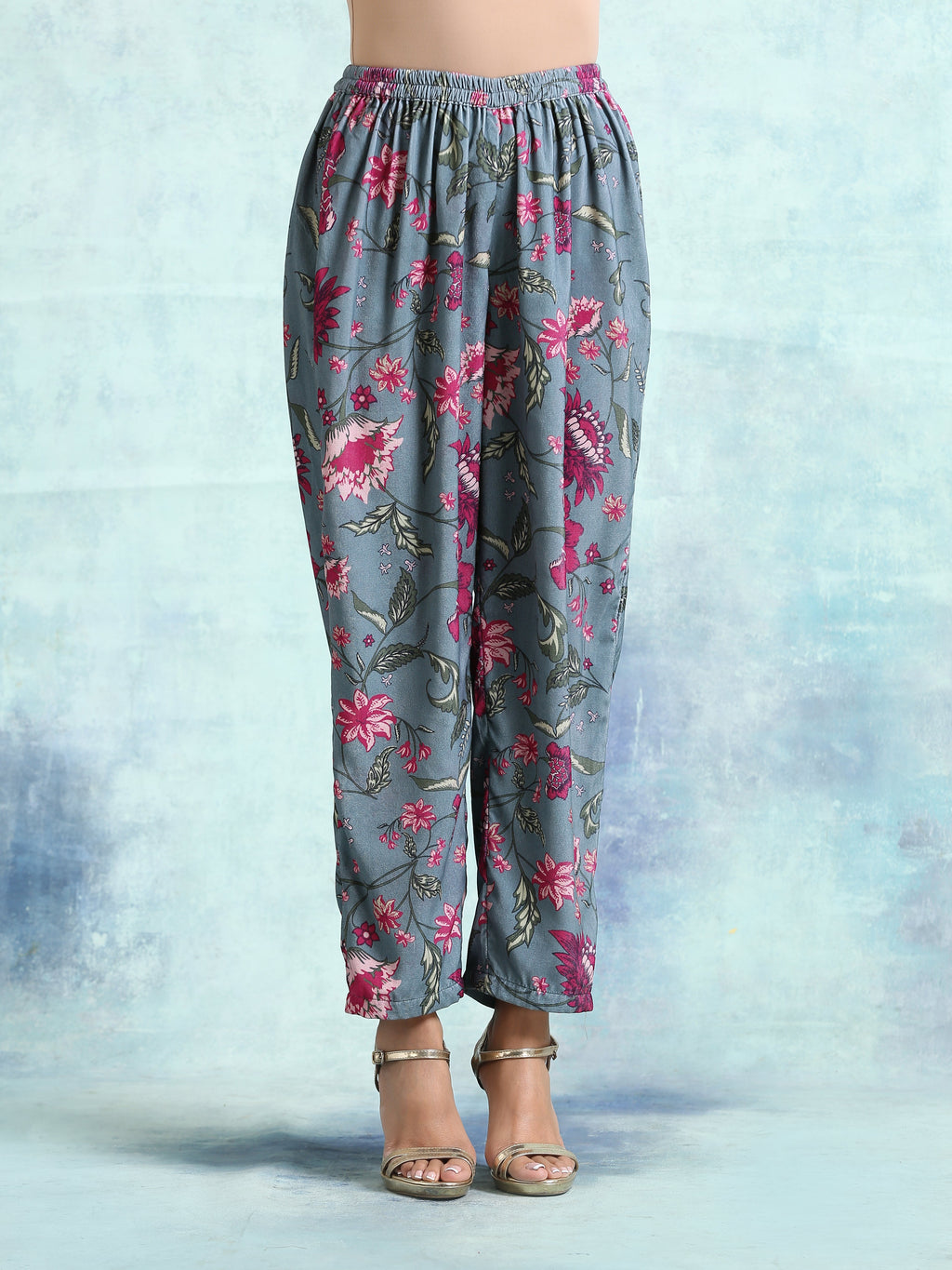 trueBrowns Grey Printed Velvet Pant