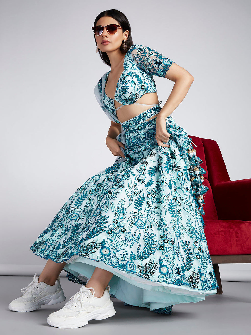 House of Panchhi Turquoise Blue Net Sequins, Mirror And Thread Embroidery Lehenga Choli & Dupatta