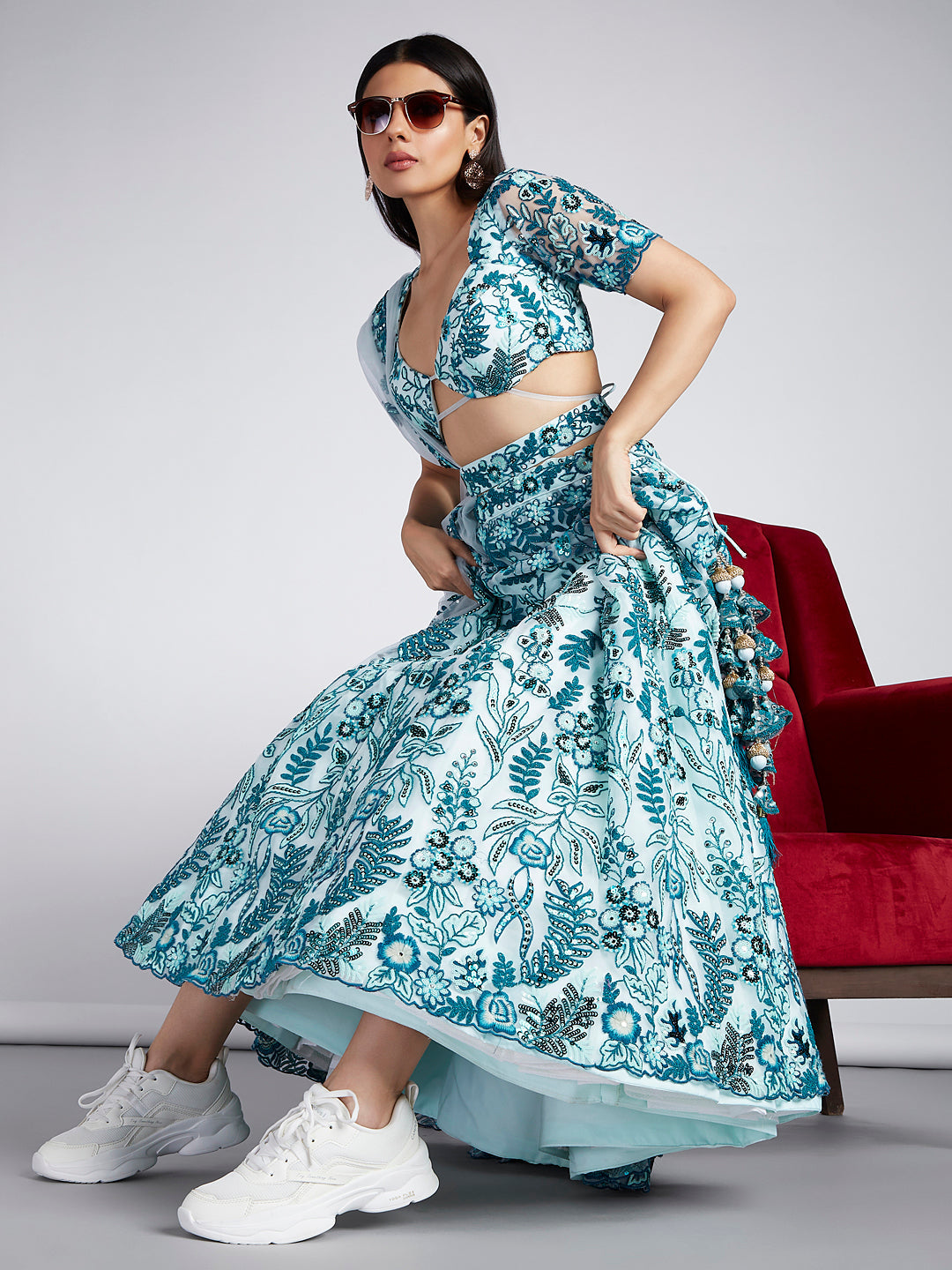House of Panchhi Turquoise Blue Net Sequins, Mirror And Thread Embroidery Lehenga Choli & Dupatta