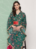 Ahalyaa Women Floral Printed Flared Sleeves Patchwork Georgette Kaftan Kurta - Distacart