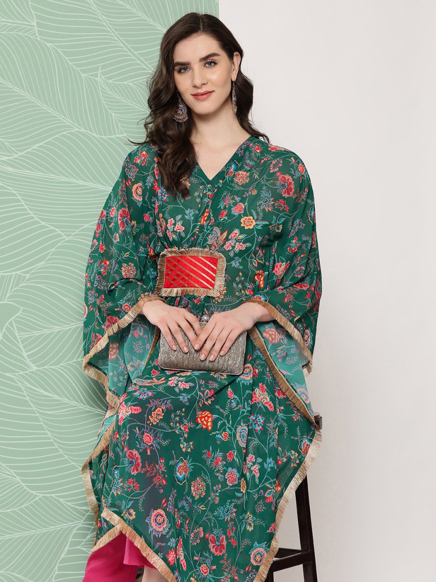 Ahalyaa Women Floral Printed Flared Sleeves Patchwork Georgette Kaftan Kurta - Distacart