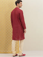 House of Pataudi Men Red Embroidered Jashn Straight Kurta