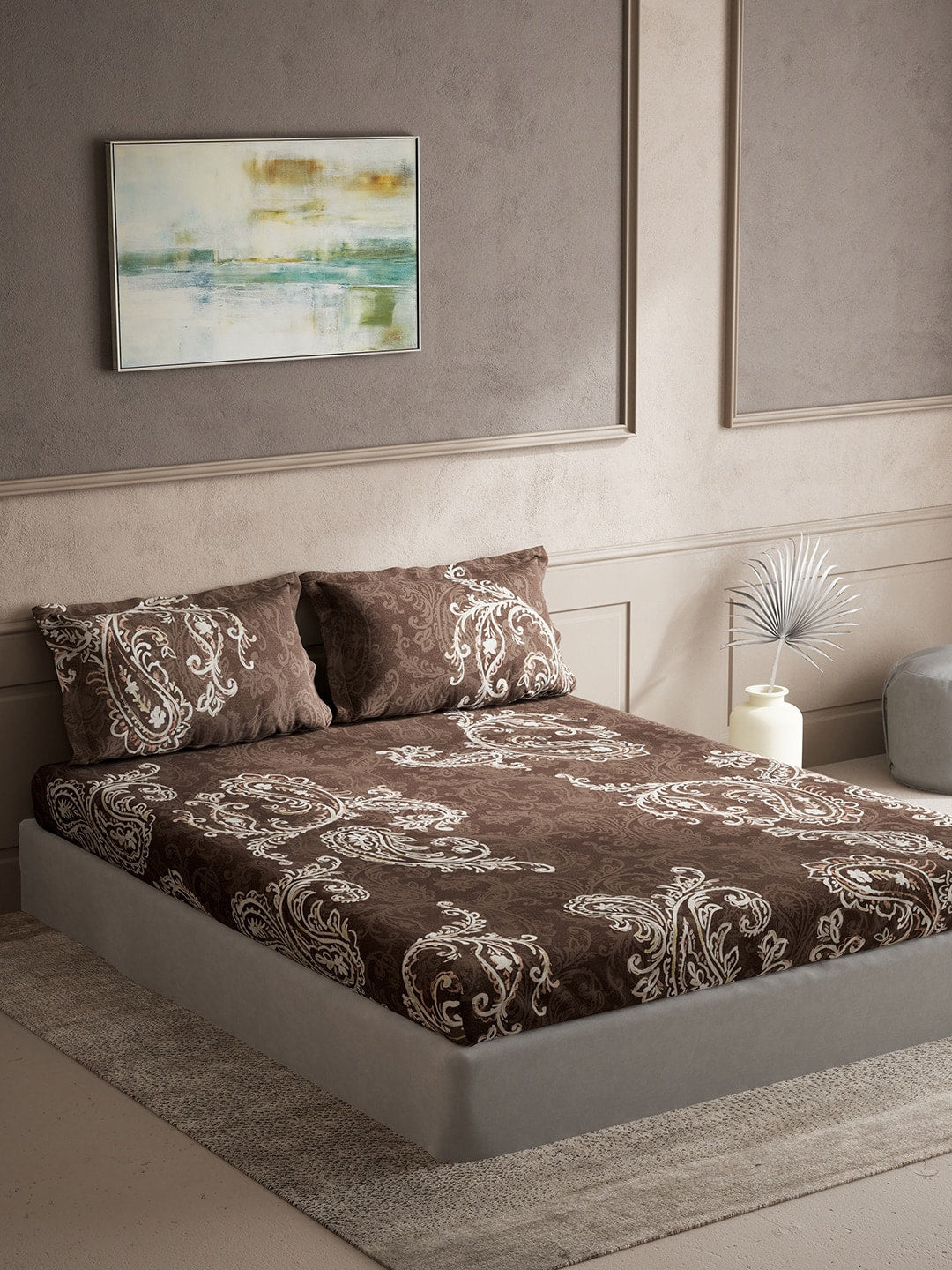 DDecor Brown & White Ethnic Motifs Cotton 140 TC King Bedsheet With 2 Pillow Covers