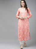 ADA Women Peach-Coloured & White Ethnic Motifs Chikankari Cotton Handloom Kurta