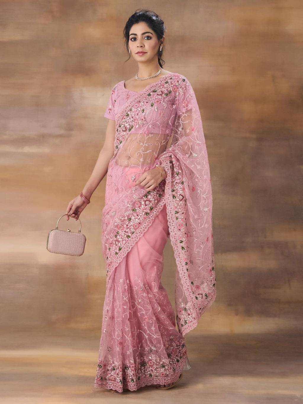 kasee Floral Embroidered Net Saree With Blouse Piece - Distacart