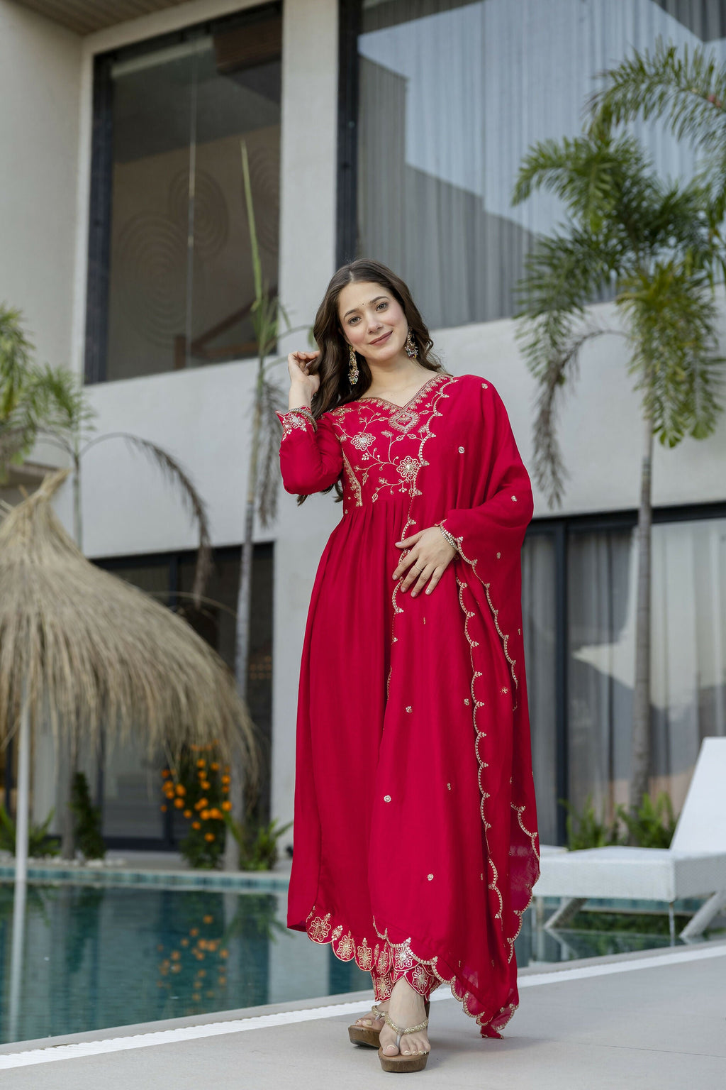The52 Women's Beautiful Vichitra Silk Fabric Embroidery Work Flared Anarkali Pant and Dupatta Set - Distacart