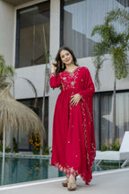 The52 Women's Beautiful Vichitra Silk Fabric Embroidery Work Flared Anarkali Pant and Dupatta Set - Distacart