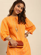 Sangria Women Jacquard Chanderi Silk Tie-Up Neck Puff Sleeves Kurta With Sequin Detail