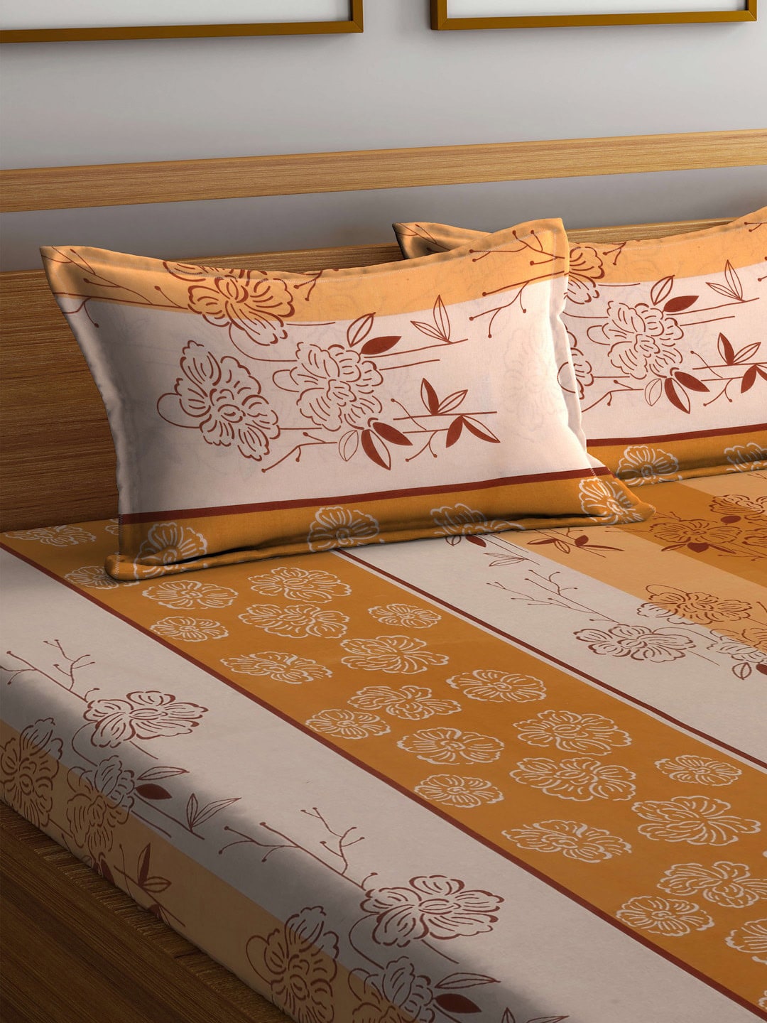BOMBAY DYEING Beige & Yellow Printed Cotton 104 TC King Bedsheet With 2 Pillow Covers