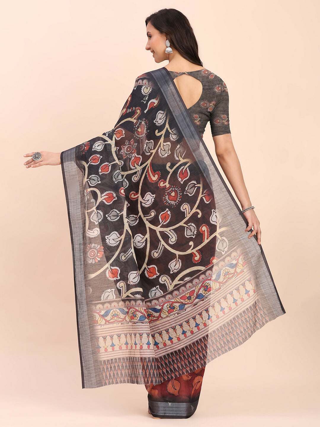 Shree Shyam Fashion Linen Cotton Maroon Saree - Distacart