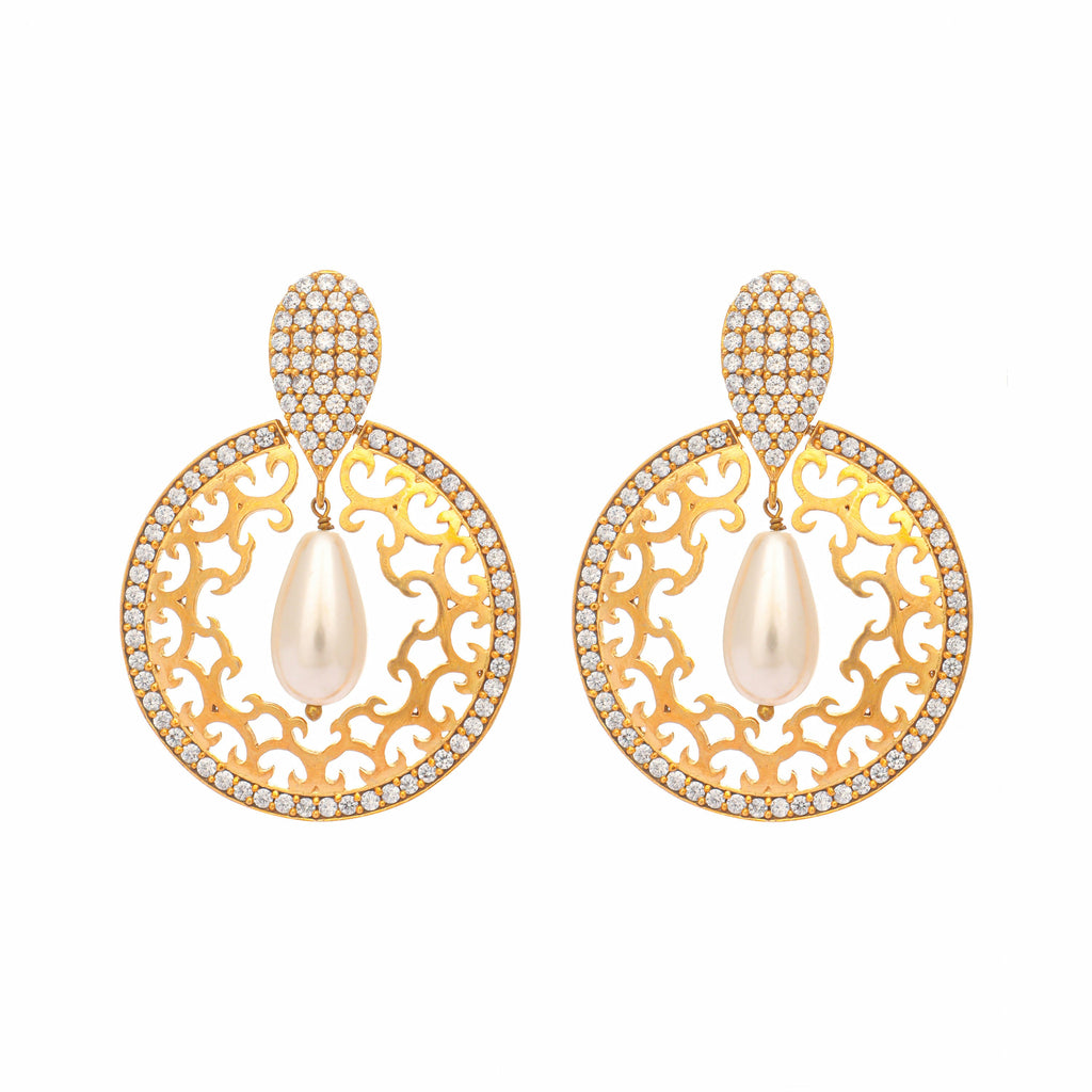 Nuyug 22K Gold Plated Cubic Zirconia Studded Contemporary Moon Shaped Pearl Drop Chandbalis - Distacart
