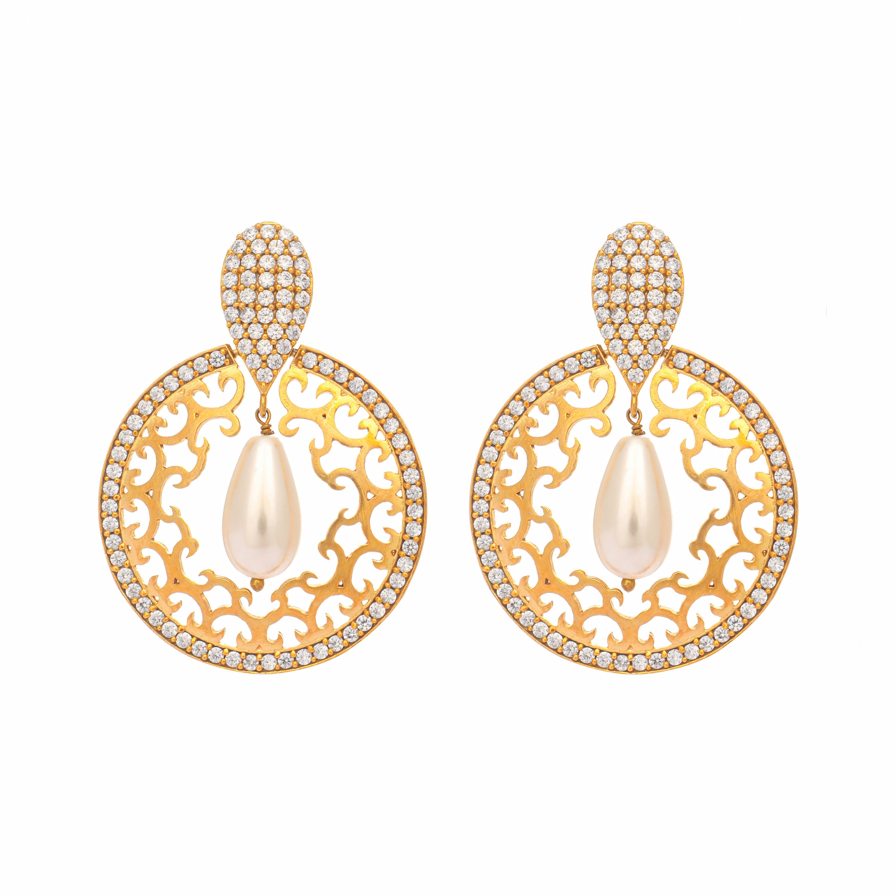 Nuyug 22K Gold Plated Cubic Zirconia Studded Contemporary Moon Shaped Pearl Drop Chandbalis - Distacart