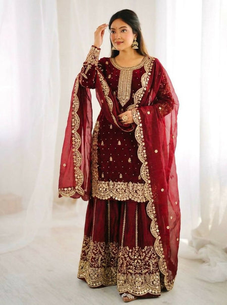 Teeya Creation Maron Color Fendy Silk Embroidery Work Wedding Wear Salwar Suit