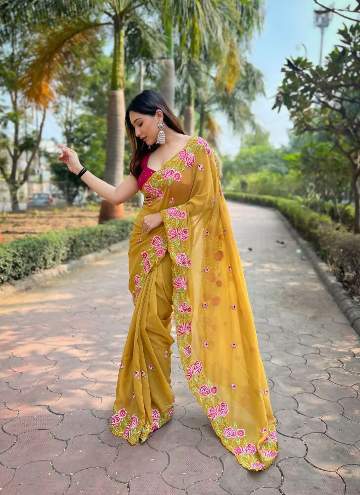 Vamsee Nimrat Mustard Organza Silk Saree